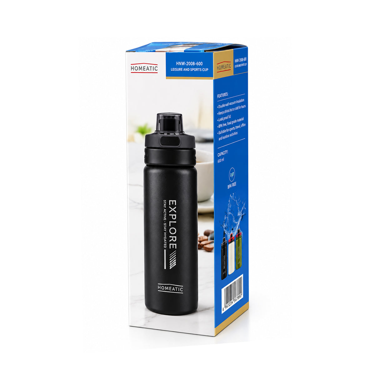 HOMEATIC EXPLORE STAINLESS STEEL WATER BOTTLE BLACK