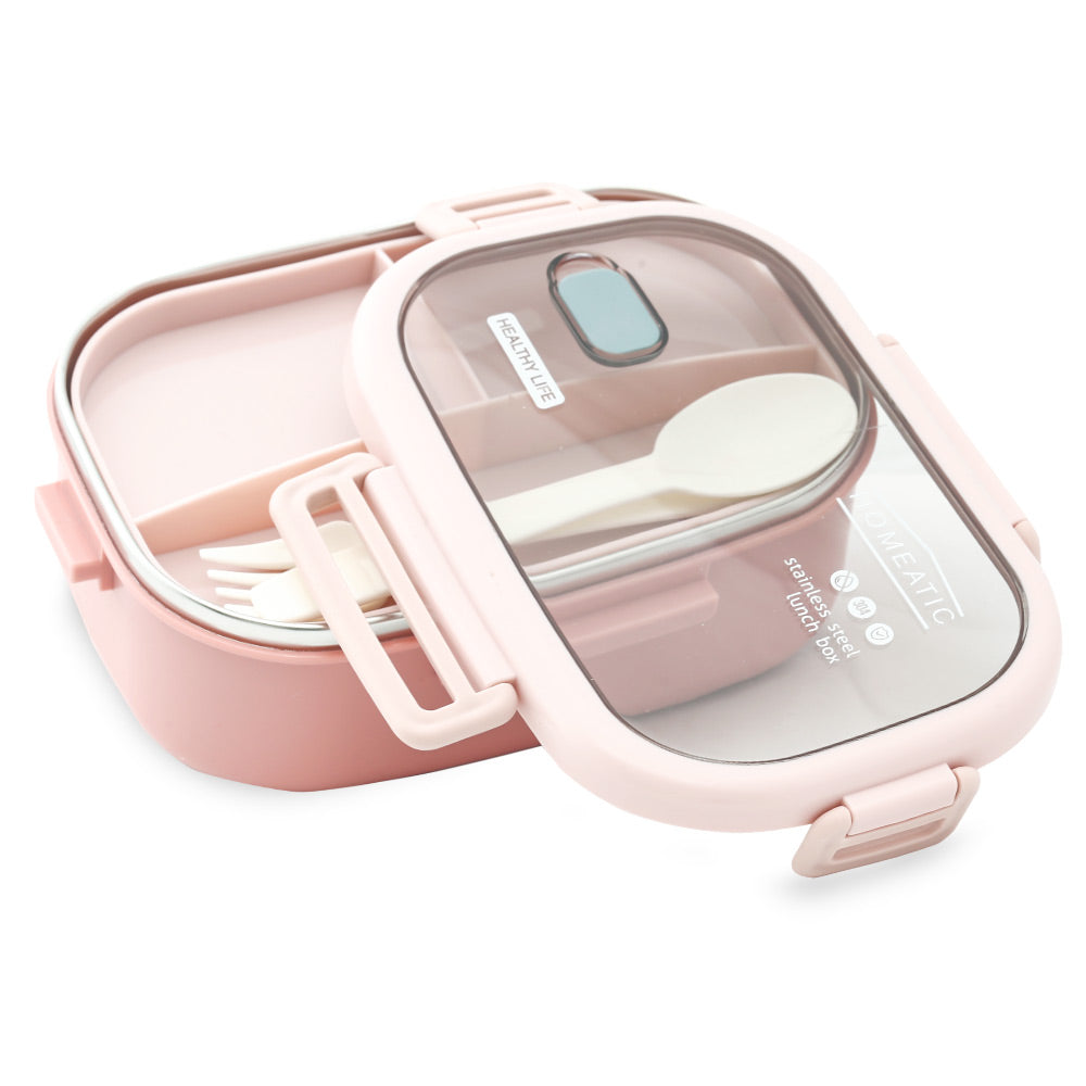 HOMEATIC DUO BENTO STAINLESS STEEL PINK LUNCH BOX WITH SPOON & FORK