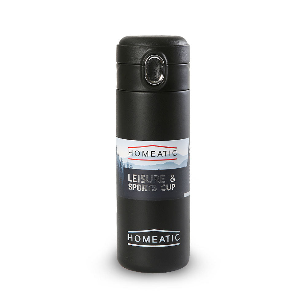HOMEATIC LEISURE & SPORTS VACUUM FLASK - BLACK STEEL WATER BOTTLE 400 ML