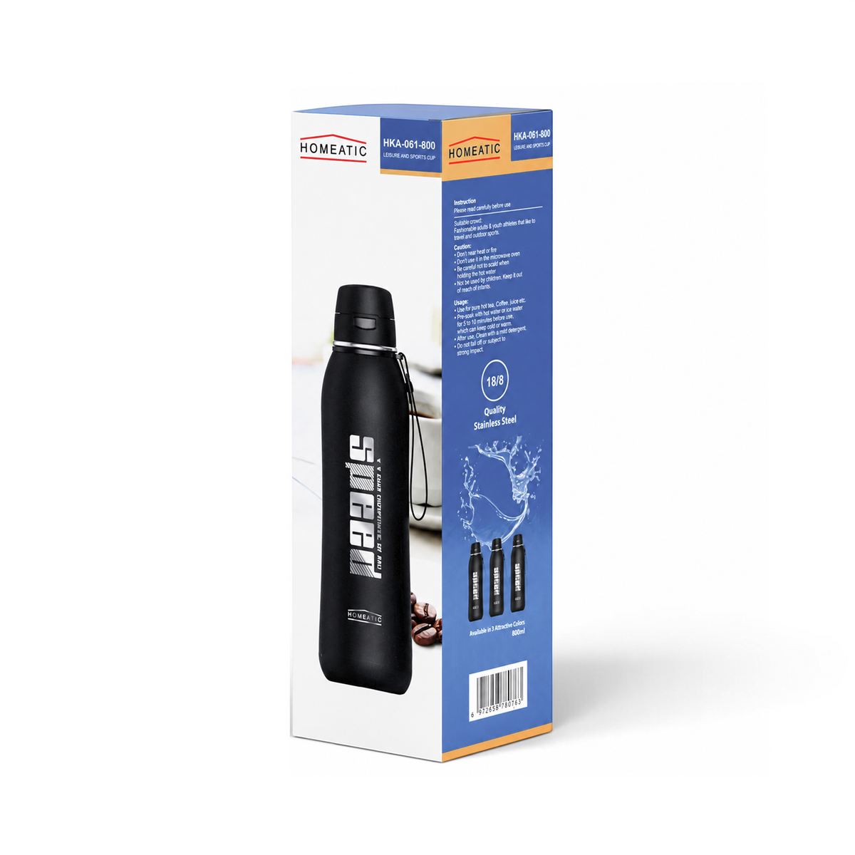 HOMEATIC VACUUM FLASK BLACK STEEL WATER BOTTLE 800 ML