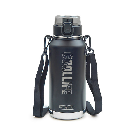 HOMEATIC VACUUM FLASK - BLACK STEEL WATER BOTTLE 1100ML