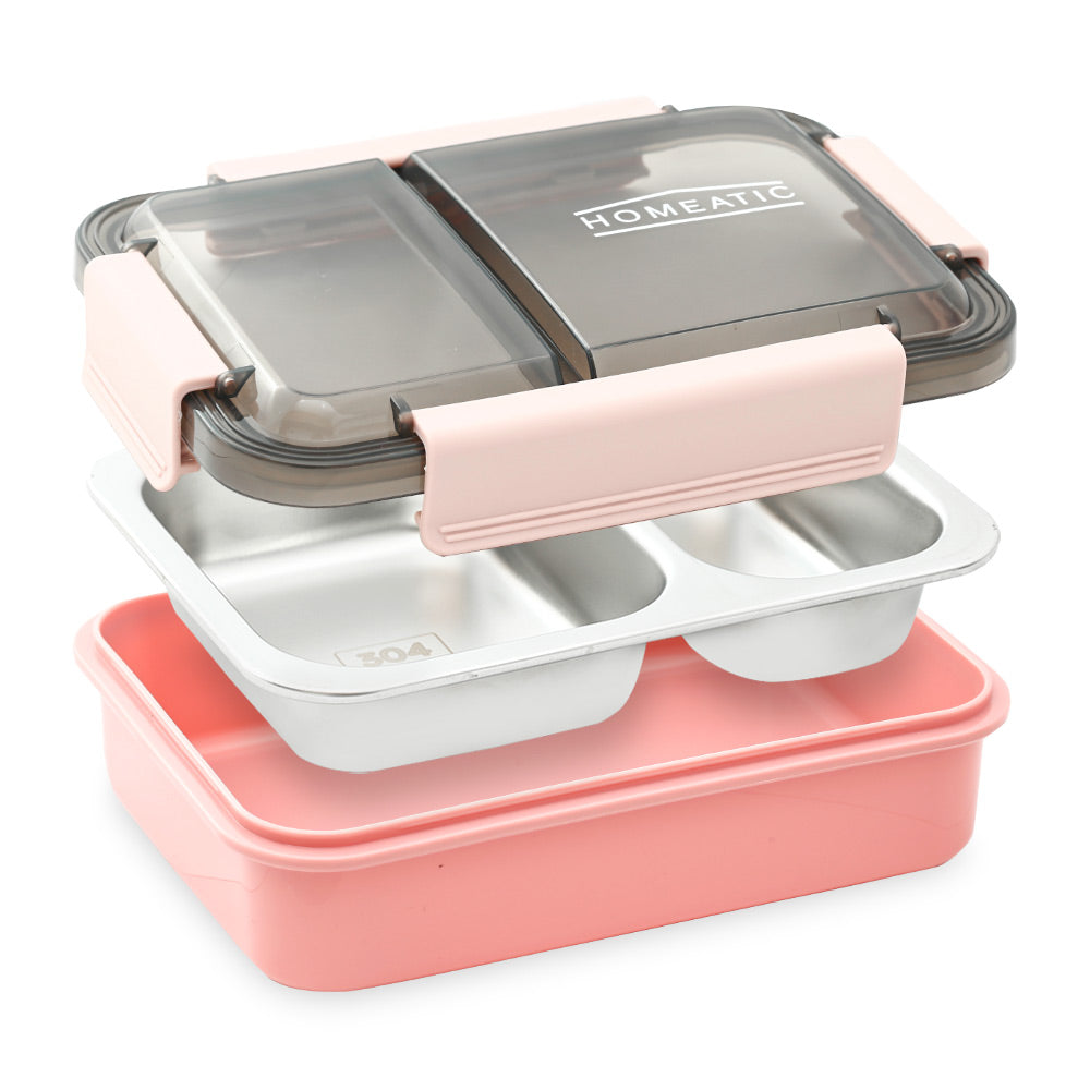HOMEATIC MULTI-COMPARTMENT PINK STAINLESS STEEL LUNCH BOX 750ML