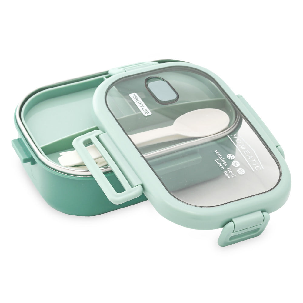 HOMEATIC DUO BENTO STAINLESS STEEL GREEN LUNCH BOX WITH SPOON & FORK