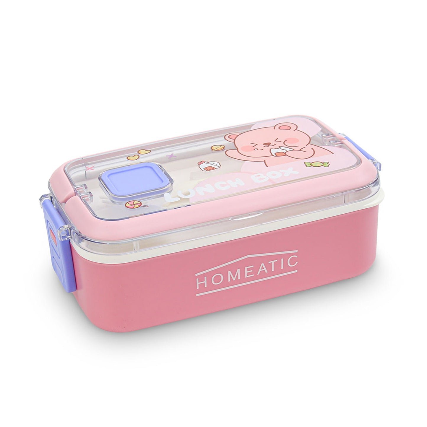 HOMEATIC KAWAI FRIENDS PINK PLASTIC LUNCH BOX WITH CUTLERY 1LTR