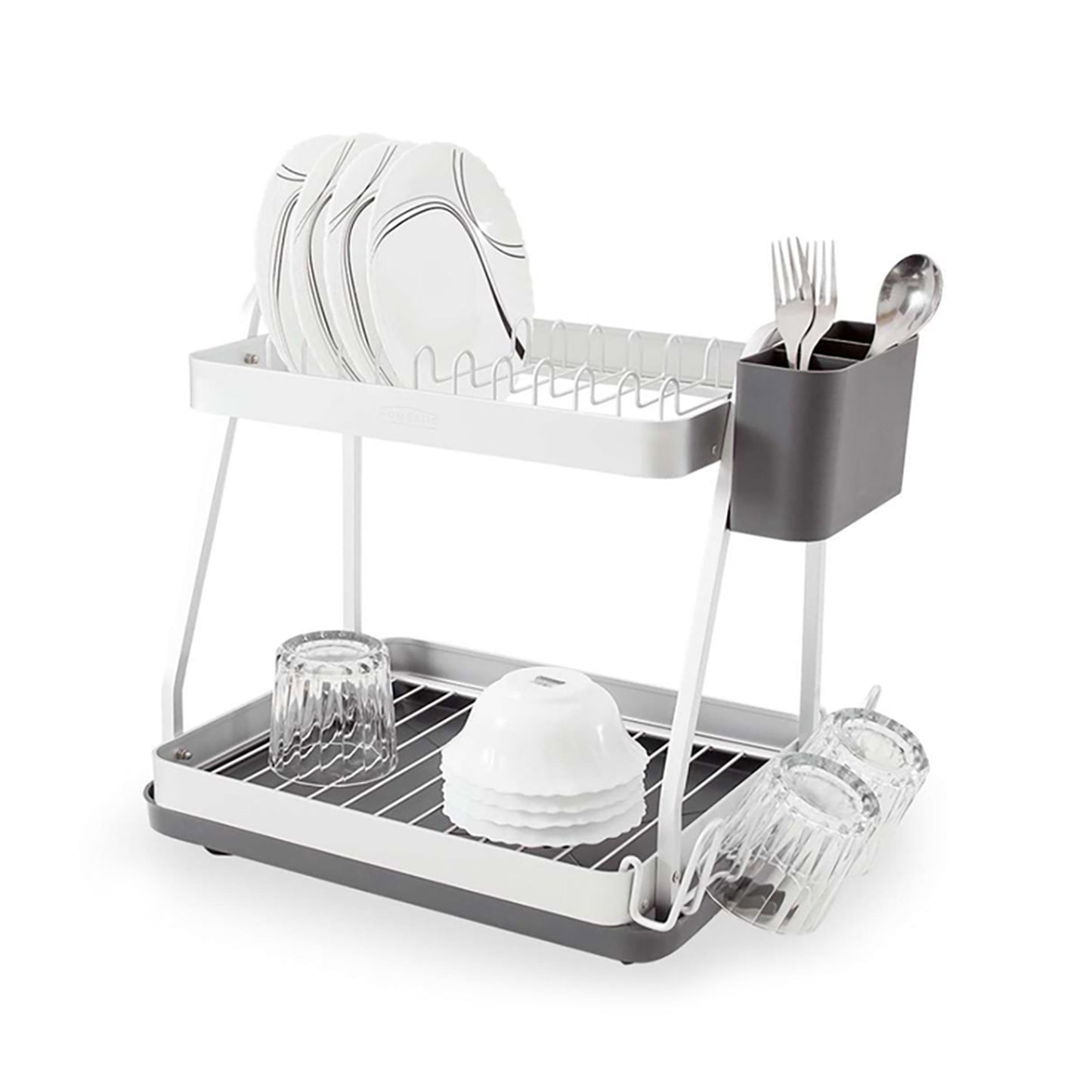 HOMEATIC TWO-TIER SPACE-SAVING WHITE DISH RACK WITH DRAINER