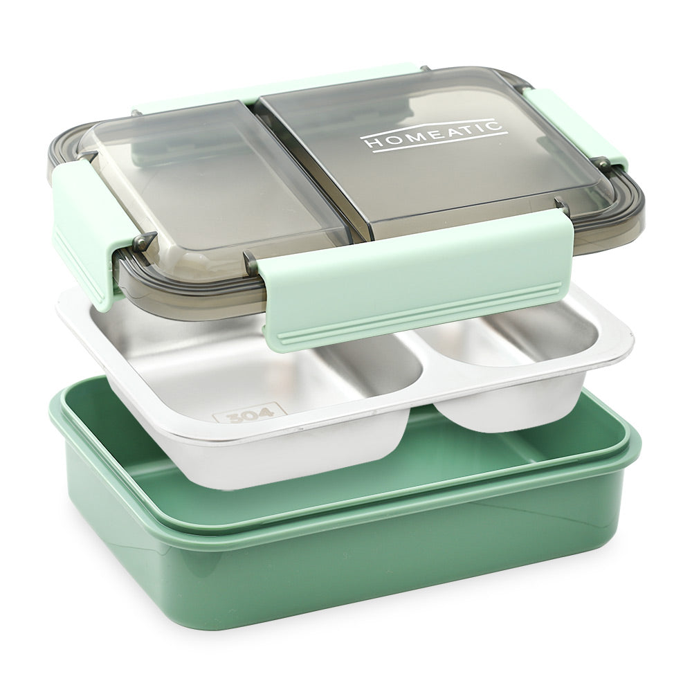 HOMEATIC MULTI-COMPARTMENT GREEN STAINLESS STEEL LUNCH BOX 750ML