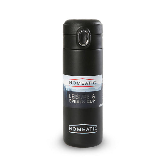 HOMEATIC LEISURE & SPORTS VACUUM FLASK - BLACK STEEL WATER BOTTLE 400 ML
